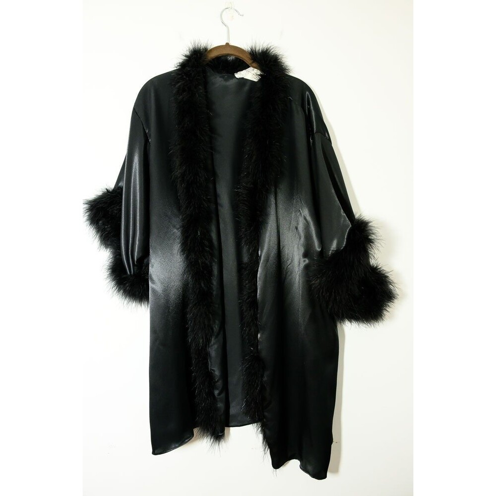 Val Mode Lingerie Black Satin Robe M Feather trim Short